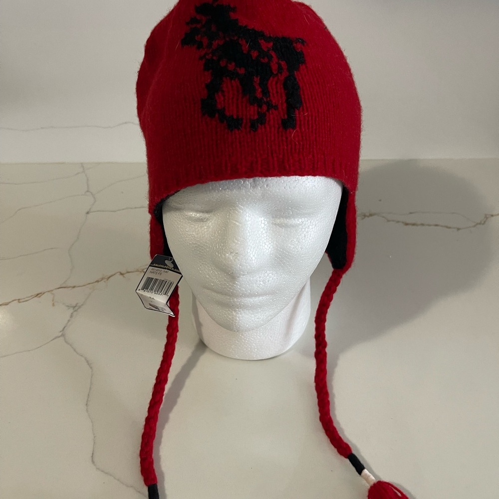 Ralph Lauren Red Knit Earflap Hat with Black Pony Motif graphic USA